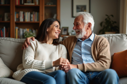 Femme souriante avec son père dans un salon chaleureux
