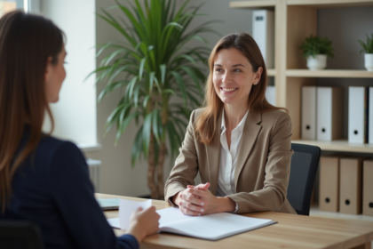 Femme française en réunion avec une assistante sociale dans un bureau moderne