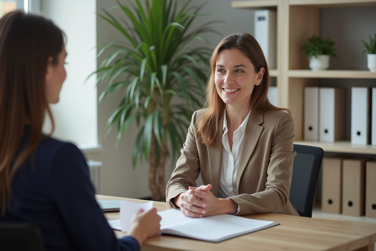Femme française en réunion avec une assistante sociale dans un bureau moderne