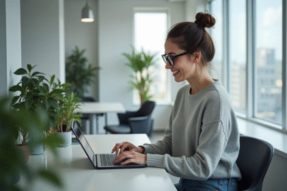 Jeune femme souriante utilisant une tablette dans un bureau moderne