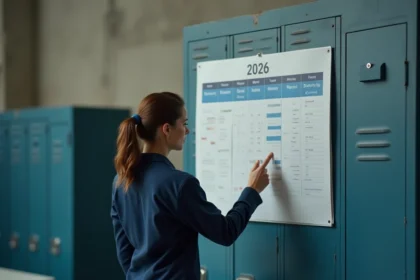 Femme en uniforme de travail consultant un calendrier 2026 avec semaines paires et impaires alternées dans un vestiaire industriel