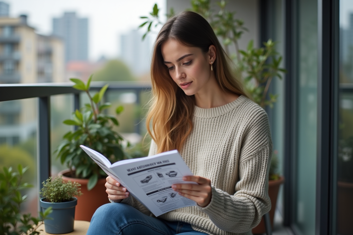 Jeune femme tenant une courroie et lisant un manuel en balcon