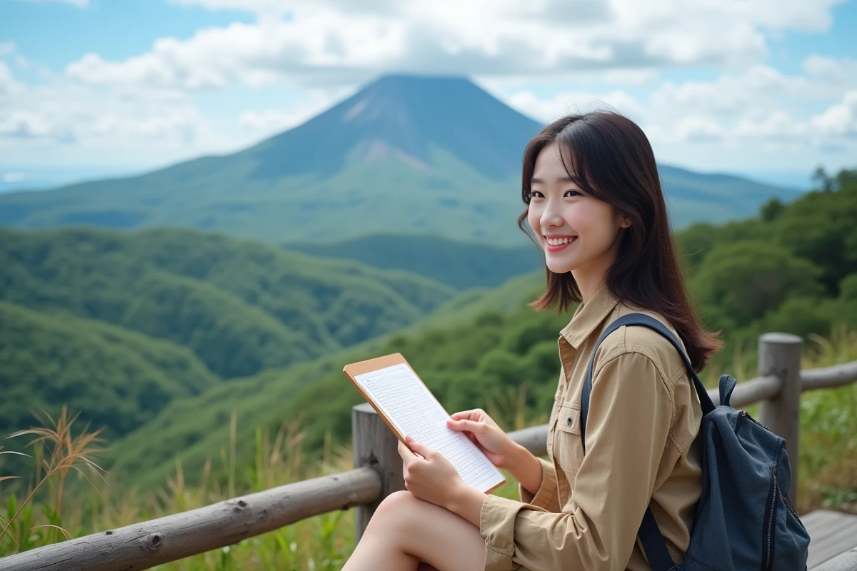 Jeune femme japonaise souriante avec carnet face au volcan