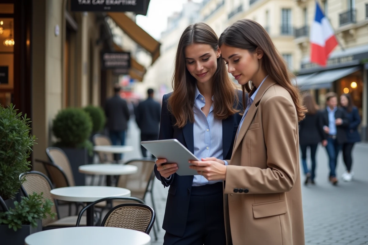 Deux jeunes femmes françaises discutant de taxes en terrasse