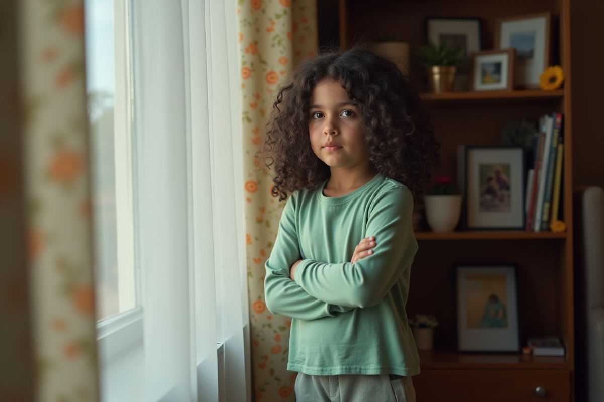 Fille de 12 ans regardant par la fenêtre à la maison