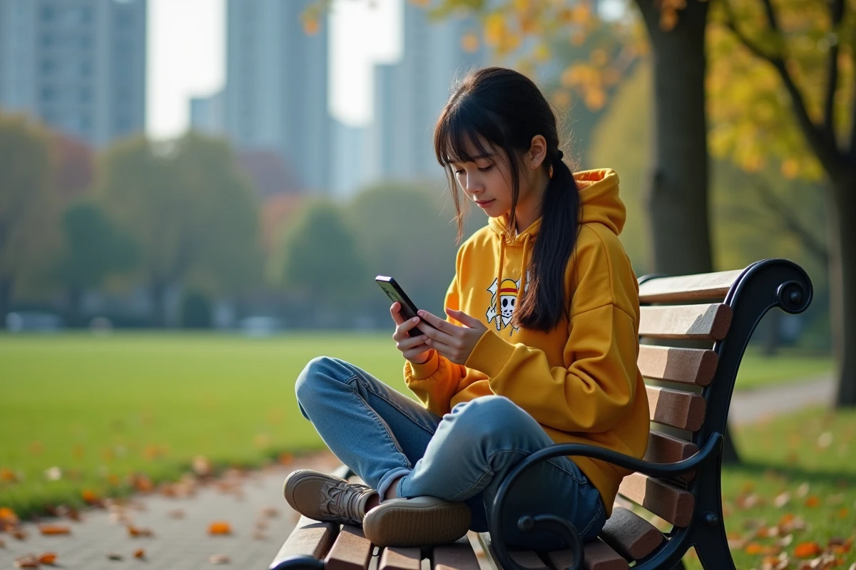 Adolescente lisant manga dans un parc urbain