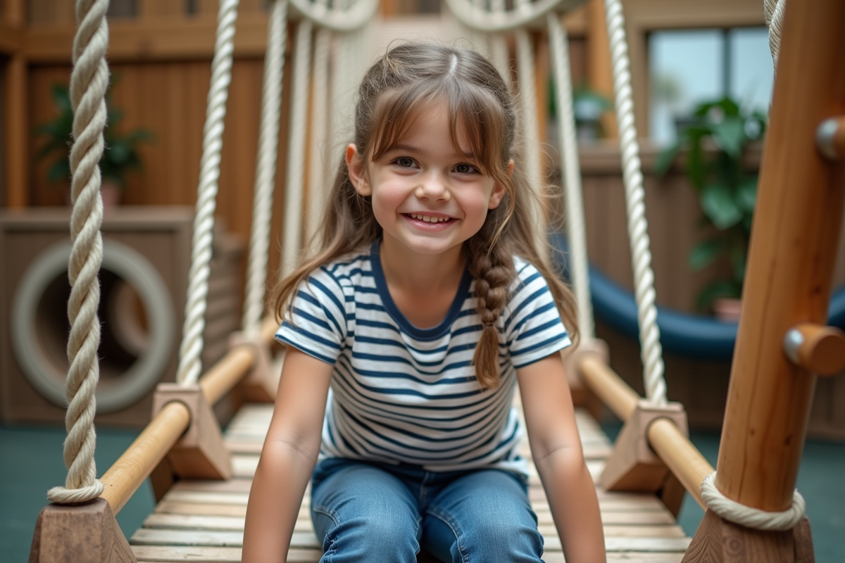 Jeune fille assise sur un pont de corde dans un espace de jeu