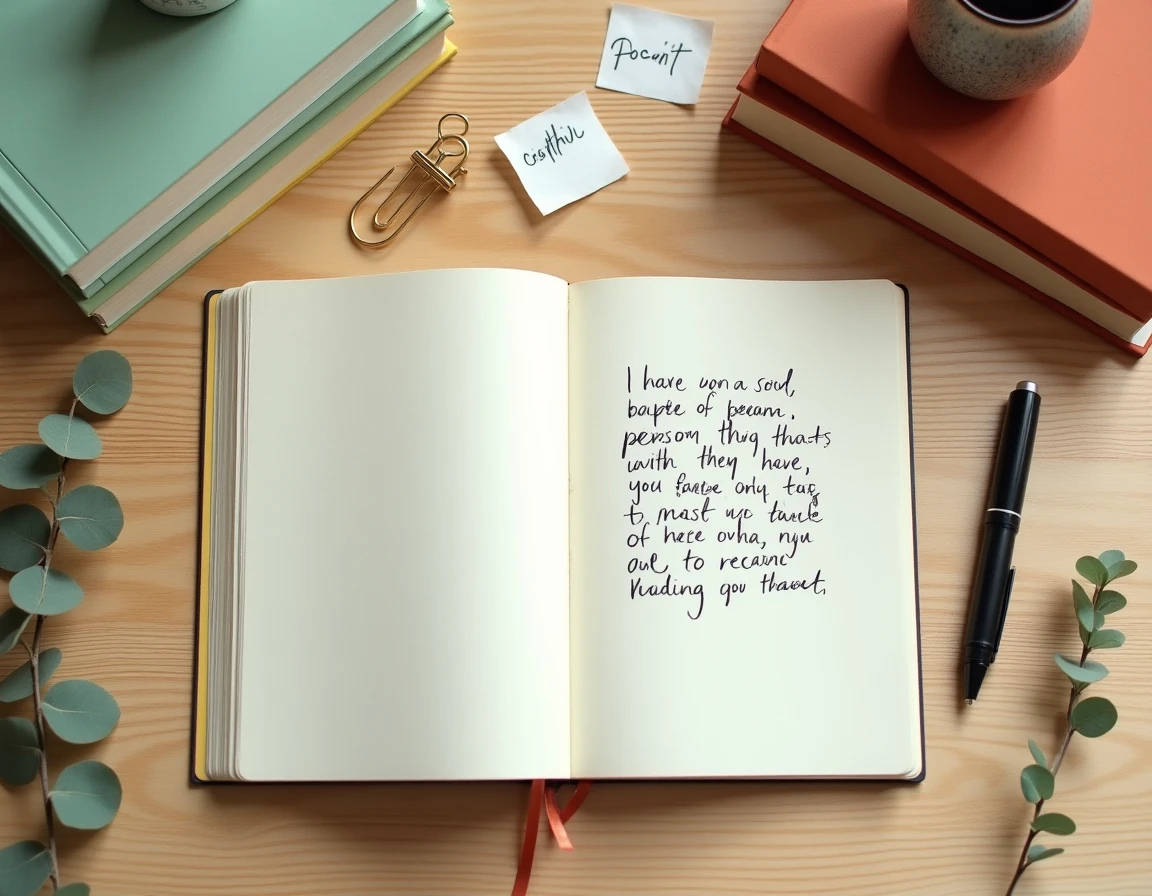 Flatlay d'un journal de citations ouvert entouré de livres, stylos et notes sur une table en bois clair