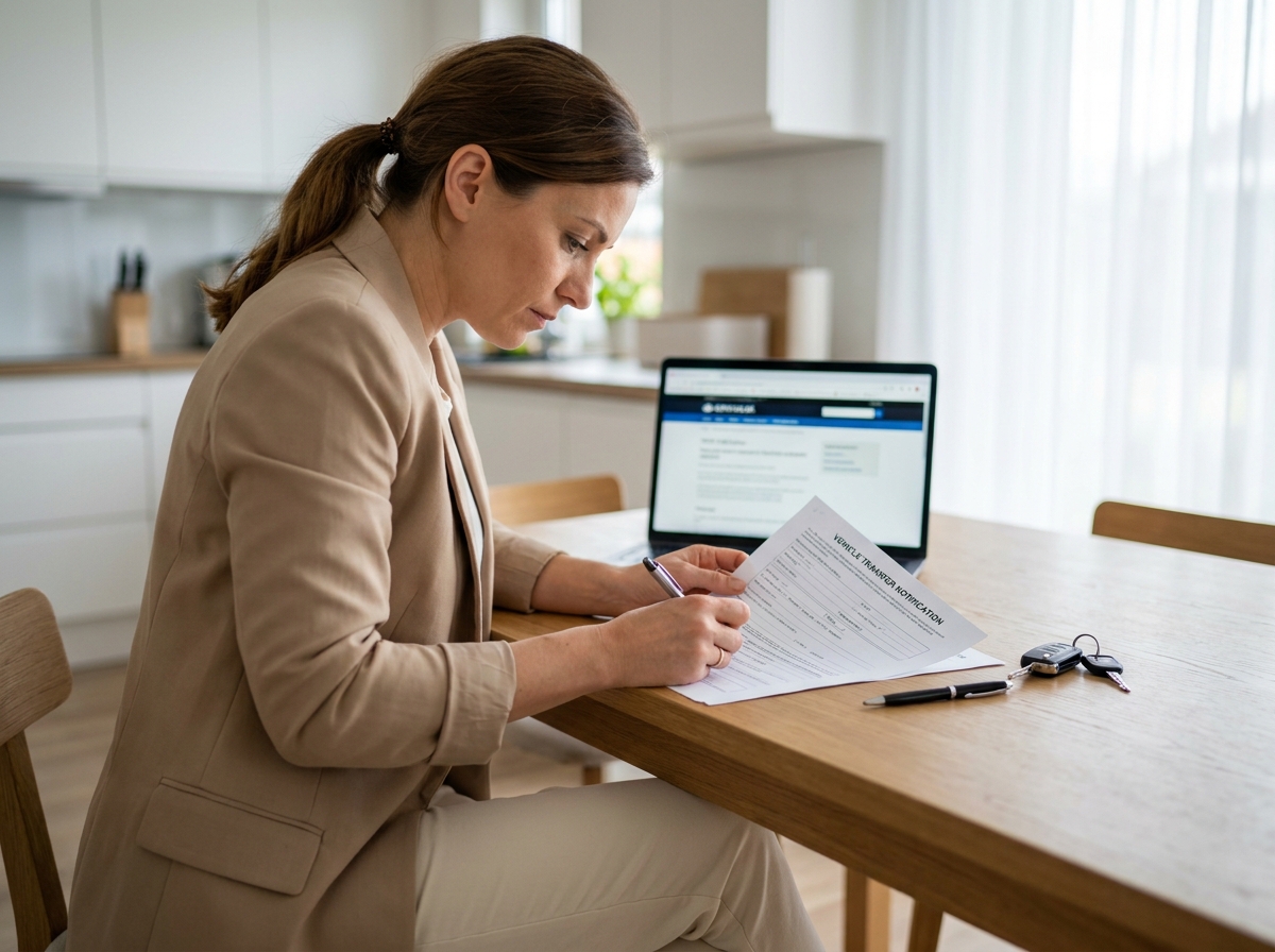 Femme remplissant le formulaire de cession de véhicule à la maison après la vente de sa voiture