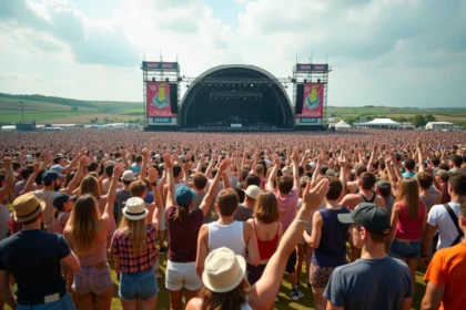 Foule immense au festival des Vieilles Charrues face à la grande scène en plein air en Bretagne