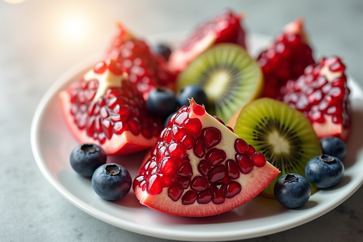 Fruits coupés avec grenade kiwi et myrtilles sur assiette blanche