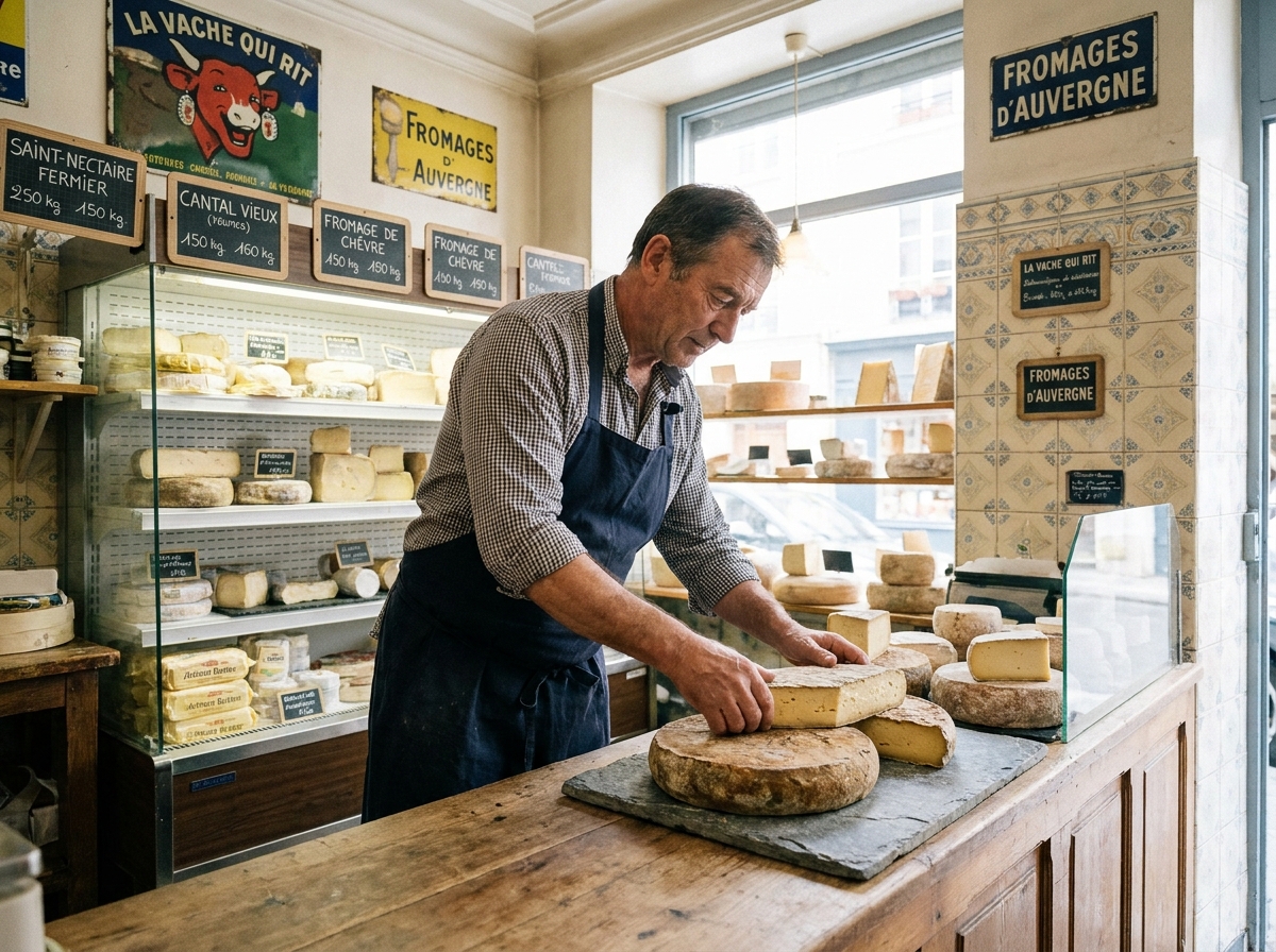 Fromager auvergnat disposant des fromages régionaux comme le Saint-Nectaire sur un comptoir en ardoise dans une fromagerie locale