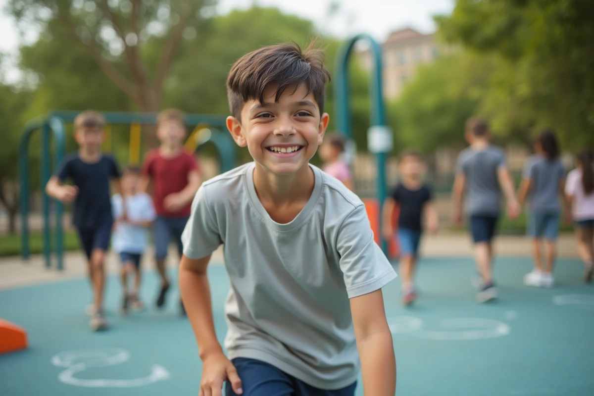 Garçon de 10 ans jouant avec des amis au parc
