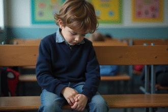 Garçon de 8 ans assis seul sur un banc d'école en classe