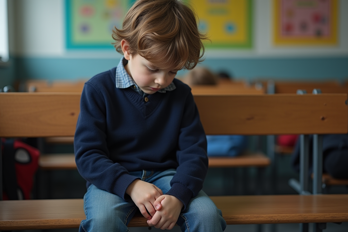 Garçon de 8 ans assis seul sur un banc d'école en classe