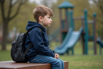 Jeune garçon assis seul sur un banc de parc en réflexion