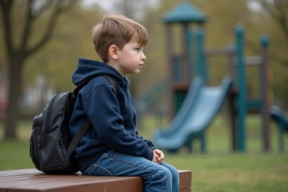 Jeune garçon assis seul sur un banc de parc en réflexion