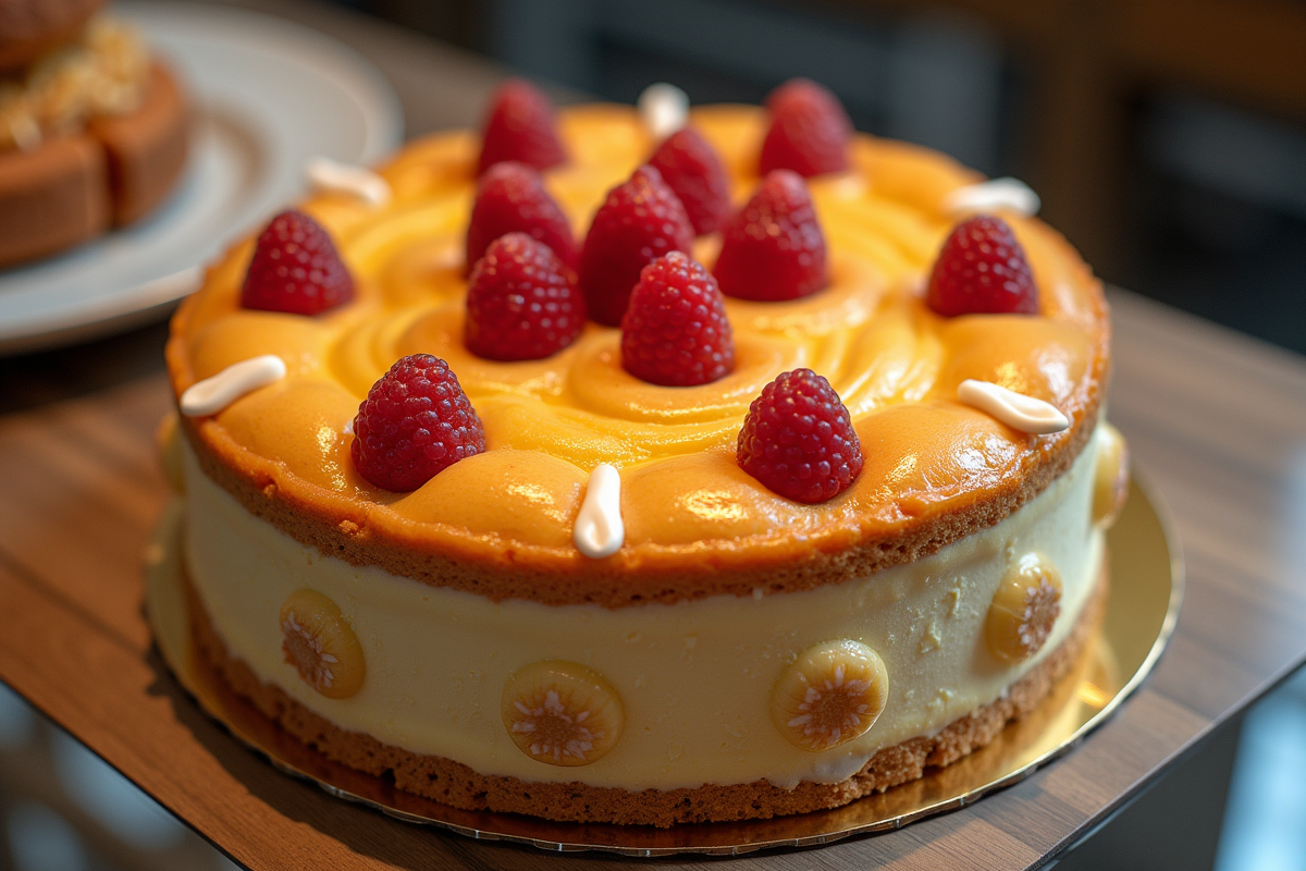 Gâteau opera entier sur comptoir de patisserie en environnement lumineux
