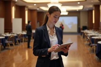 Professionnel de l'événementiel en pleine organisation d'un événement dynamique