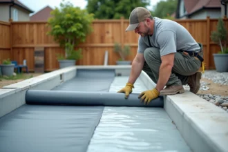 Construction d'une piscine en PVC armé dans un jardin ensoleillé