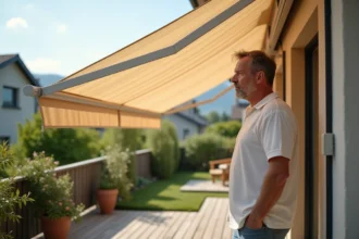 Store banne installé sur une terrasse ensoleillée près d'une véranda