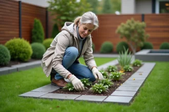 Aménagement d'un jardin rectangulaire avec zones et symétrie