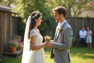 Un couple heureux en tenue de mariage économique et élégante
