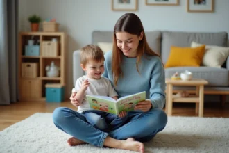 Garde d'enfants à domicile avec un enfant jouant dans un salon lumineux