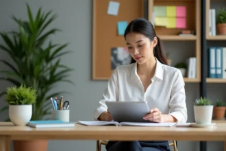 espace de travail organisé avec mobilier ergonomique et rangé