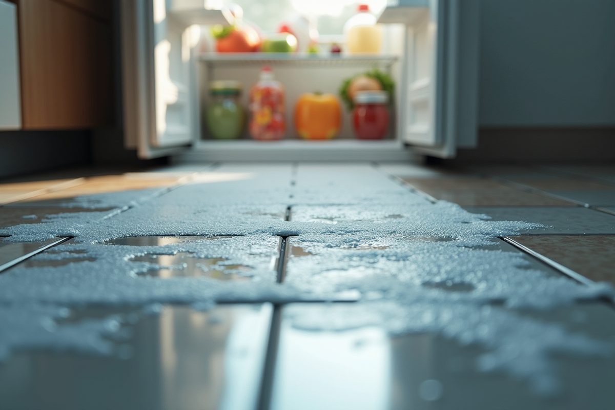 sol de cuisine avec givre et flaques d