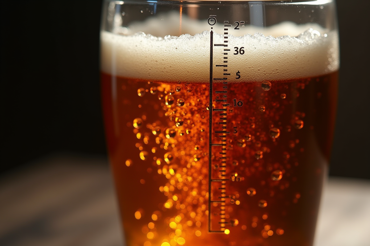 Gros plan sur une bière foncée avec hydrometre et bulles