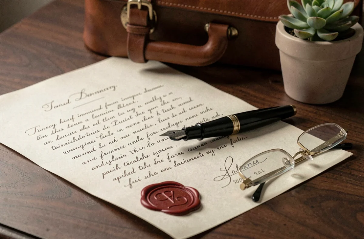 Gros plan sur une lettre formelle rédigée à la plume destinée à un notaire dans le cadre d'un litige