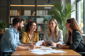 Groupe de quatre adultes en réunion dans un bureau lumineux