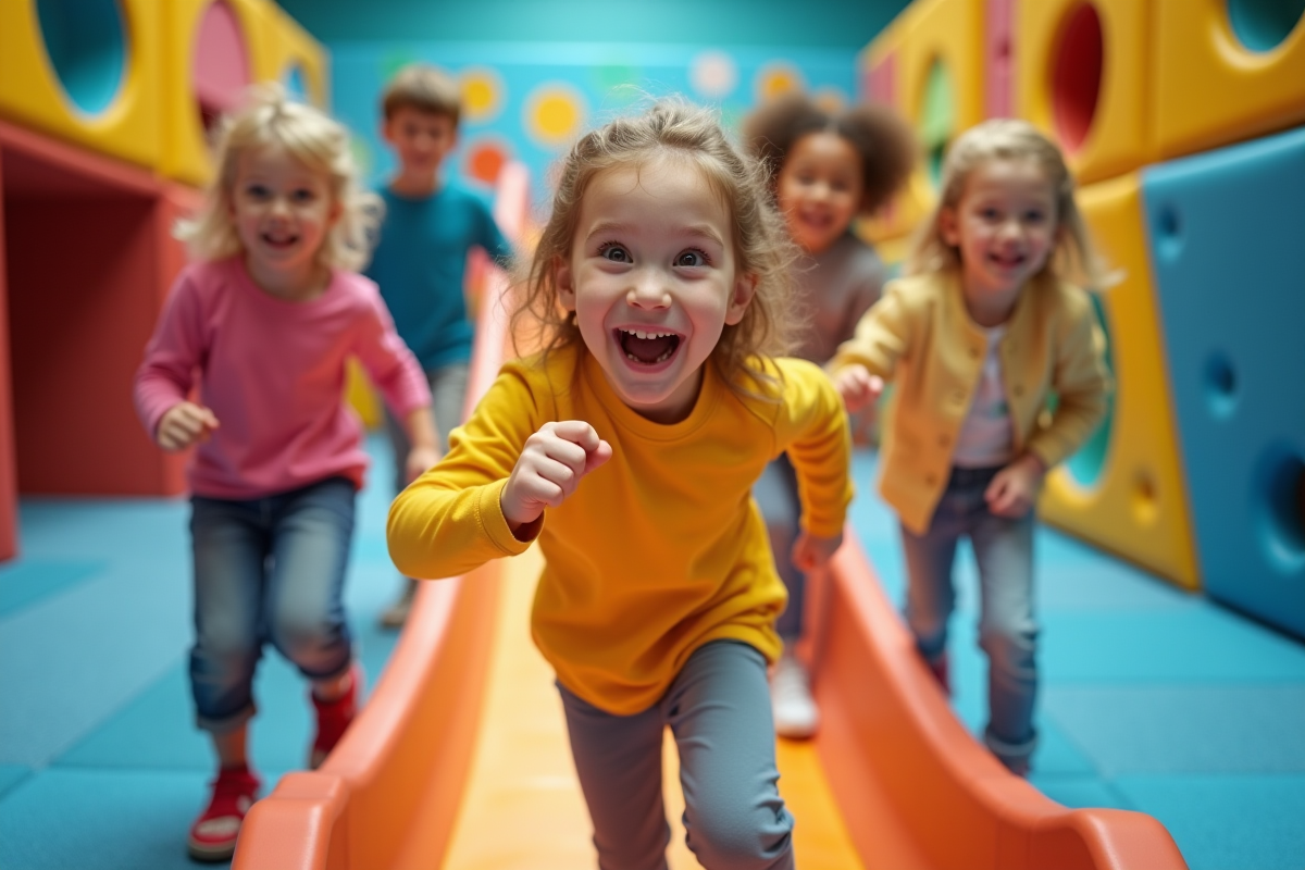 Enfants souriants dans une aire de jeux intérieure colorée