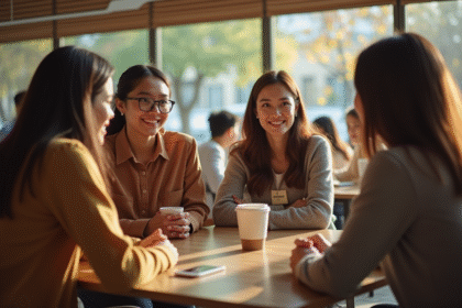 Groupe de jeunes dans un cafe lumineux avec noms J