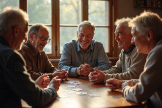 Groupe de personnes jouant au rummy autour d'une table en lumière naturelle