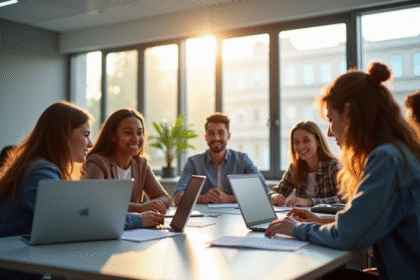 Groupe de lycéens discutant de Parcoursup en classe lumineuse