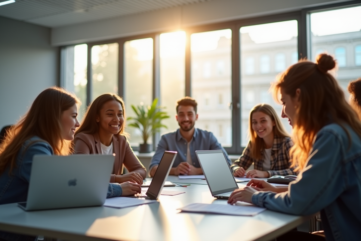 Groupe de lycéens discutant de Parcoursup en classe lumineuse