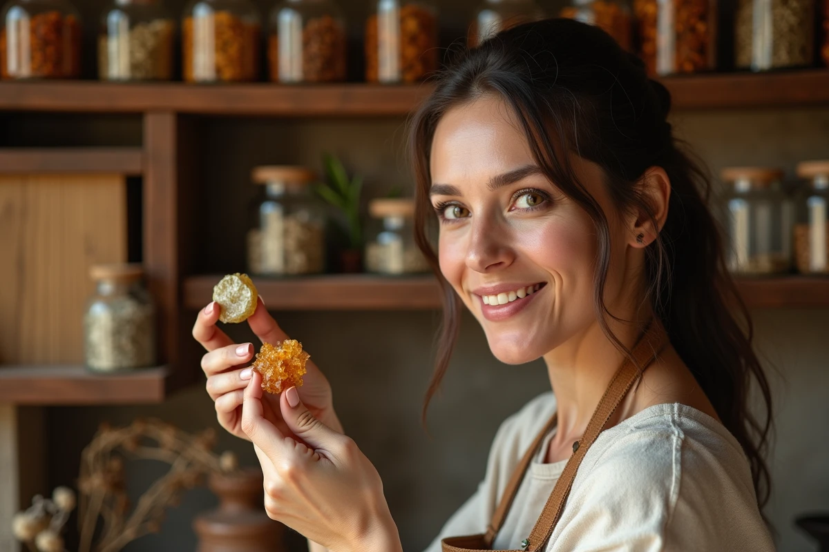 Herboriste examinant un morceau de résine d'oliban dans une boutique artisanale aux étagères garnies de bocaux d'aromates