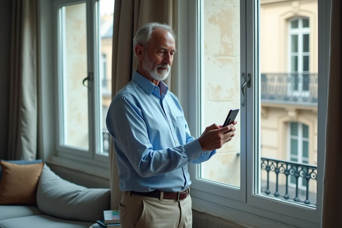 Homme dans un appartement parisien entrant un indicatif international