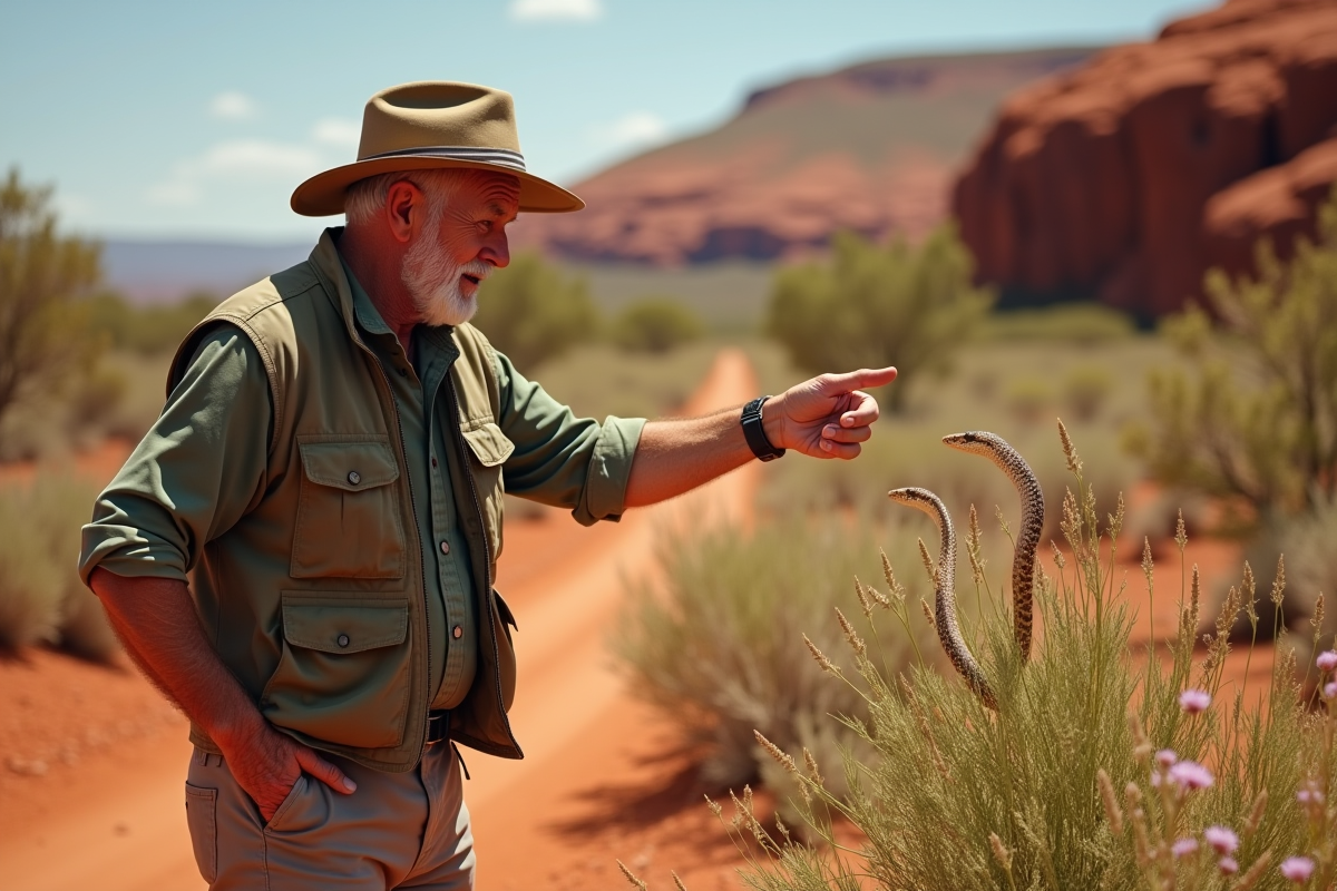 Homme âgé pointant un serpent coloré dans le désert australien