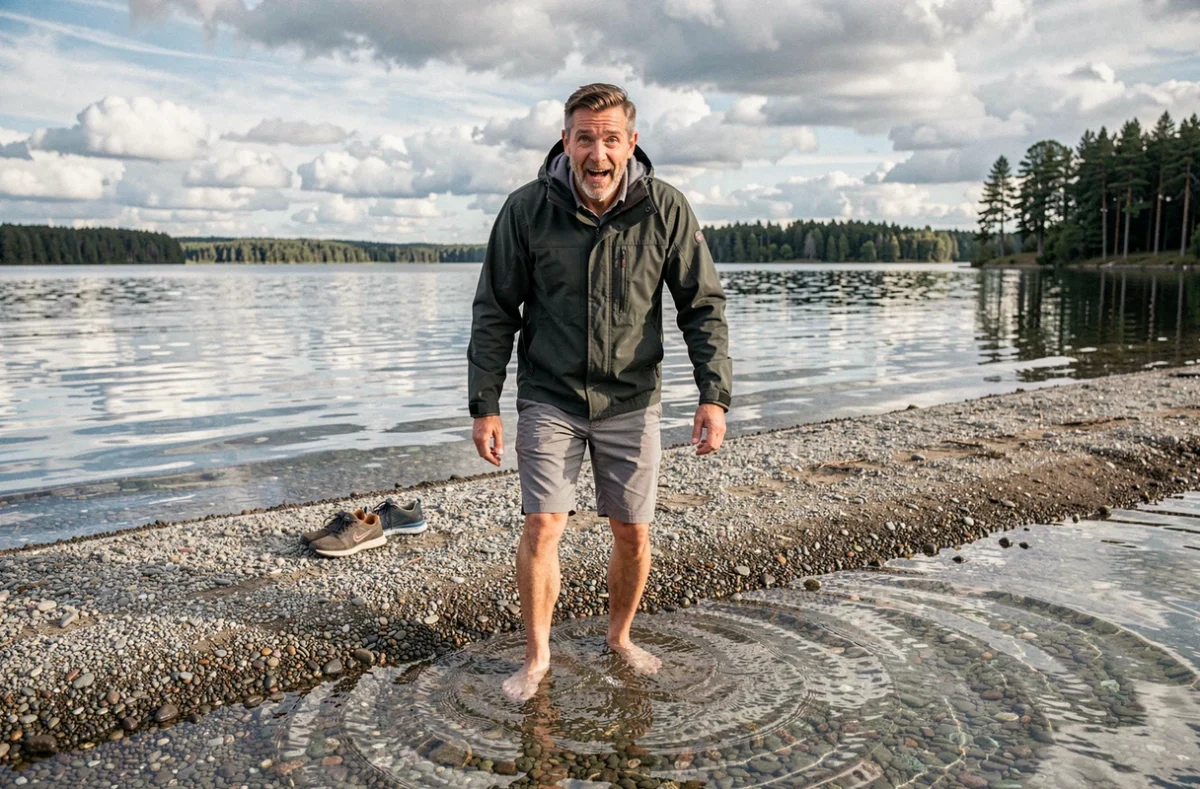Homme entrant dans les eaux peu profondes du lac de Vassivière pour un bain de pieds rafraîchissant