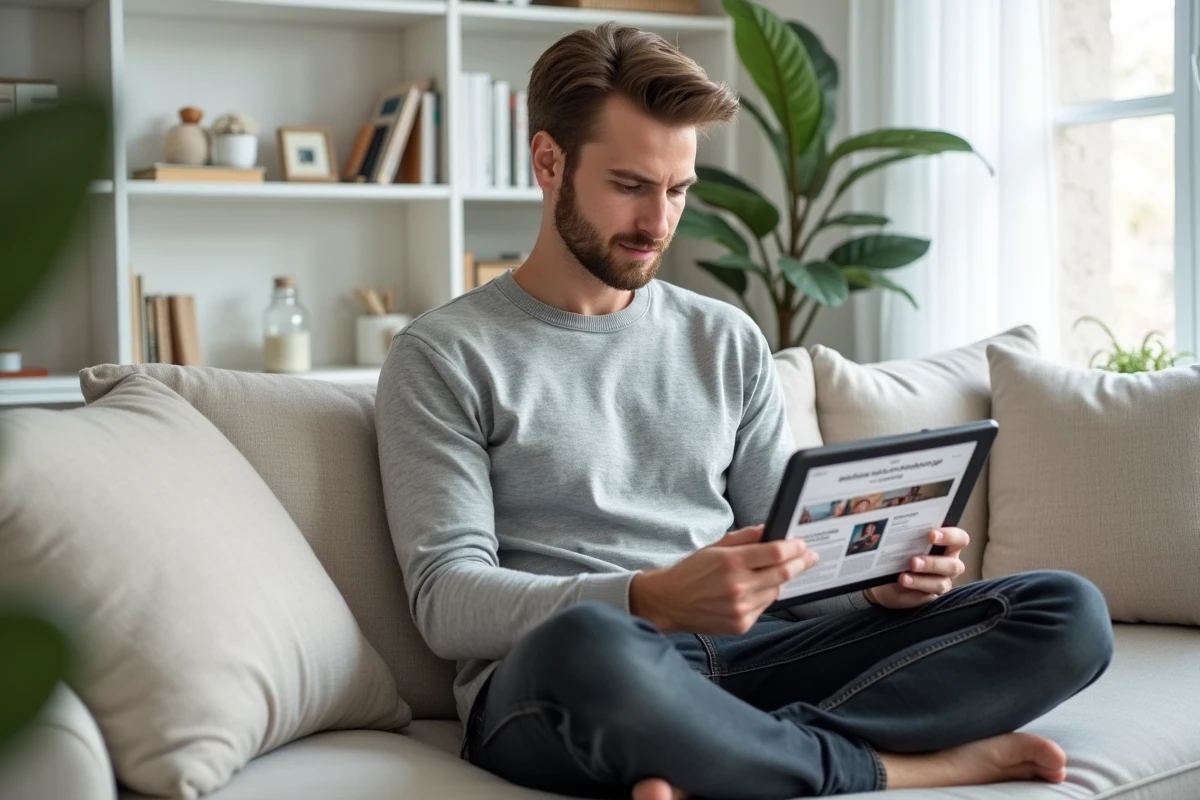 Homme consultant un blog d'actualités marketing digital sur tablette depuis son espace de travail à domicile