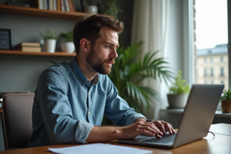 Homme en bureau moderne utilisant un VPN sur son ordinateur