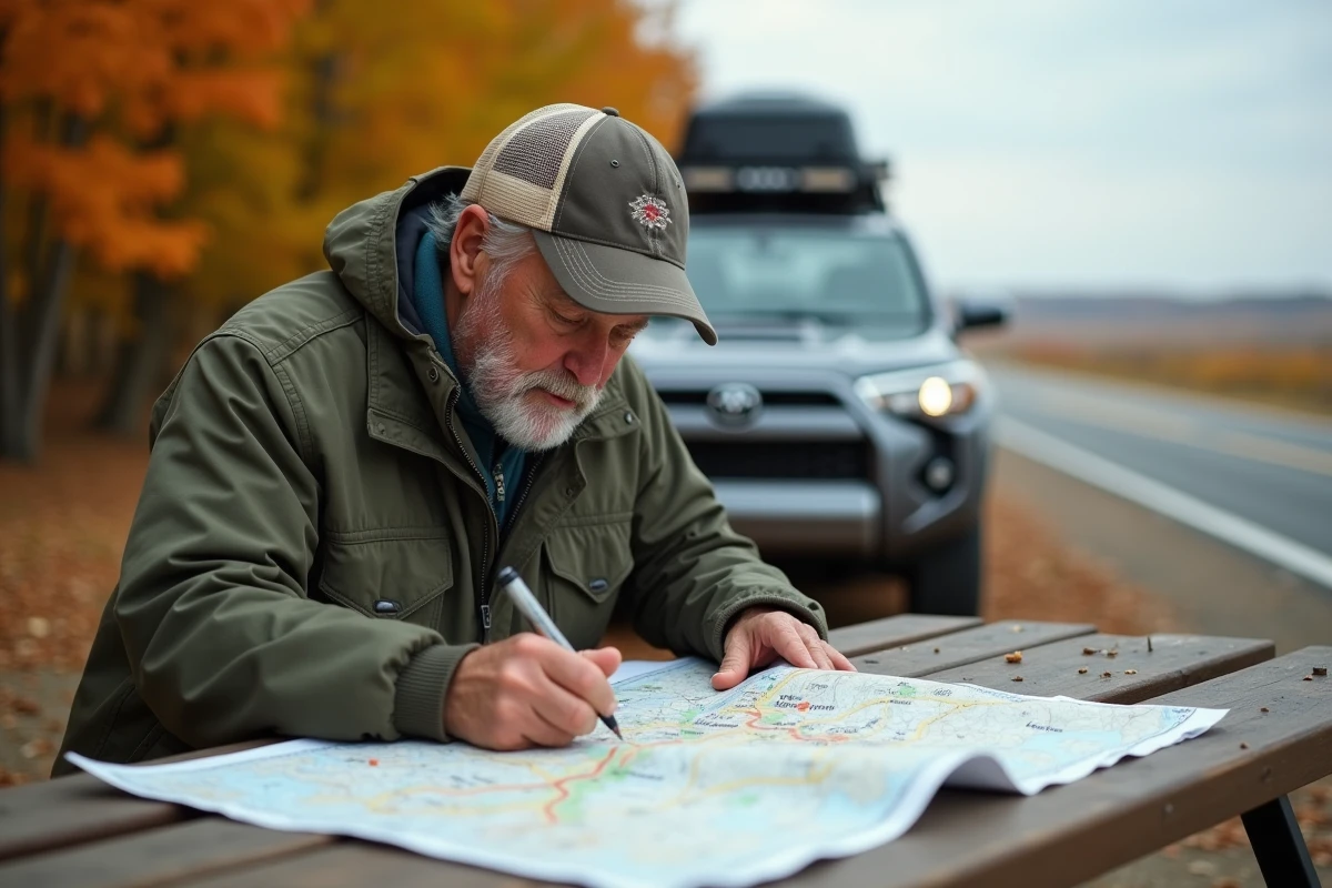 Homme étudiant une carte lors d’un arrêt sur la route en automne