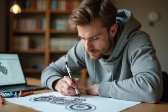 Jeune homme coloriant un dessin de moto imprimé en PDF sur papier blanc, assis à un bureau en bois avec des feutres colorés