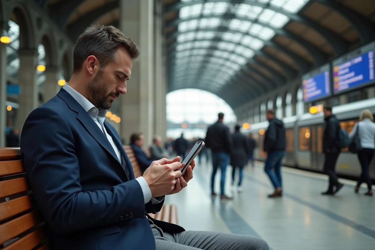 Homme comparant les applications RATP et SNCF en gare parisienne pendant une perturbation ferroviaire