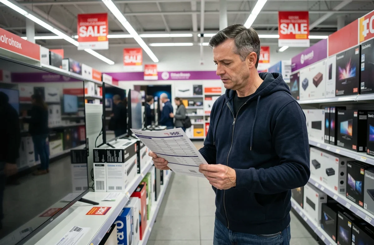 Homme comparant des prix sur une étiquette dans un rayon électronique d'un grand magasin lors d'une vente Black Friday