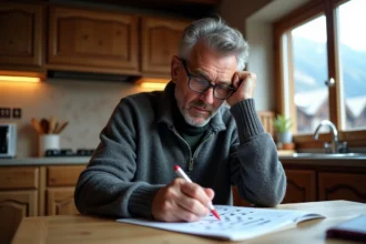 Homme d'âge moyen concentré sur un mots fléchés dans une cuisine rustique