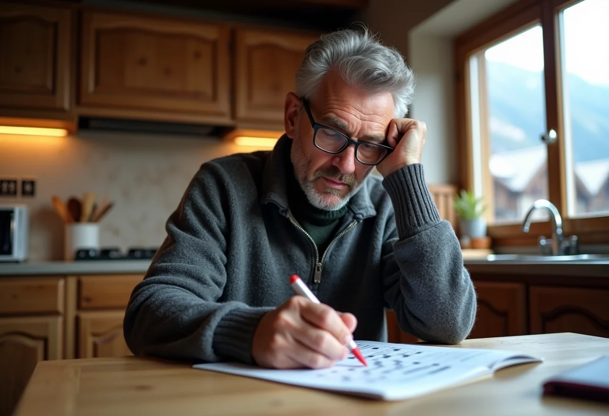 Homme d'âge moyen concentré sur un mots fléchés dans une cuisine rustique